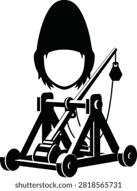 Medieval trebuchet vector icon with knight silhouette silhouette, black and white siege engine illustration.