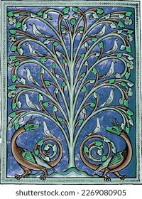 Medieval tree of life with birds and winged dogs.