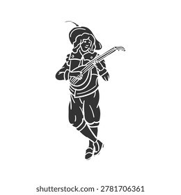 Medieval troubadour bard singing and playing lute music doodle icon vector graphic