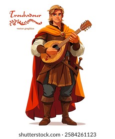 Medieval troubadour playing the lute. Handsome male character in a cloak and traditional medieval minstrel costume, suitable for historical and fantasy themes. Vector illustration