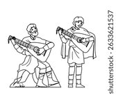 medieval trubadour playing lute vector. musician bard, minstrel instrument, performance performer medieval trubadour playing lute character. people black line pencil drawing illustration
