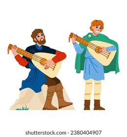 vector de lute de juego de trubadour medieval. músico bard, instrumento de ministrel, intérprete de espectáculos trubadour medieval tocando personaje lute. ilustración de dibujos animados planos de personas