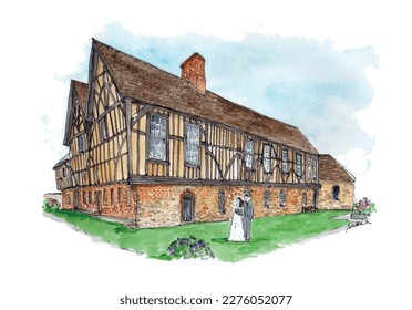 Medieval Tudor half-timbered hall wedding venue, York, couple. Watercolor illustration. Isolated vector.