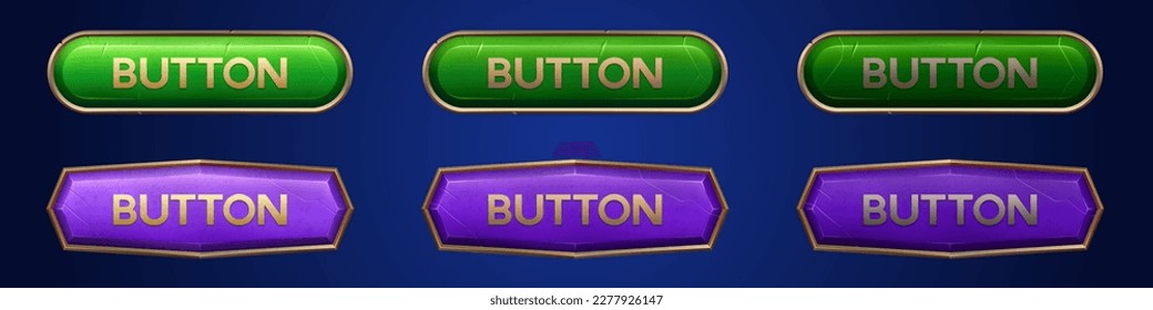 Medieval ui game button with gold frame sprite for animation. Fantasy rpg title sign design on dark background. Isolated 3d royal interface banner element assets. Ancient purple and green bar icon