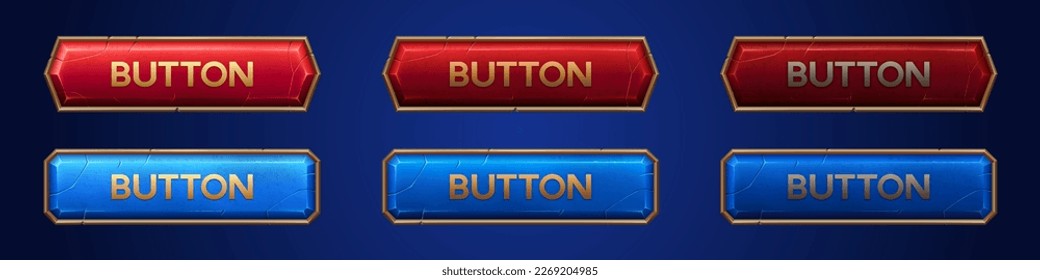 Medieval ui game sprite button with gold border cartoon design. Isolated long golden royal gui vector rpg element for shooter animation. Menu horizontal panel assets for app in red and blue.