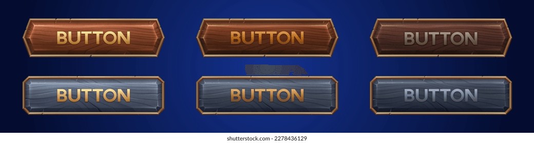 Medieval ui game wooden button with metal frame sprite for animation. Fantasy rpg title sign design on dark background. Isolated royal interface banner element assets. Ancient scratched wood bar icon svg