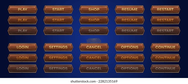 Medieval ui game wooden button with metal frame sprite for animation. Fantasy rpg title sign design on dark background. Isolated royal interface banner element assets. Ancient scratched wood bar icon svg