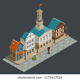 Medieval urban architecture isometric composition with wealthy people private buildings in residential area city street vector illustration 