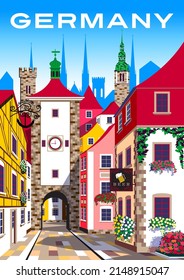 Medieval urban landscape. Germany travel poster. Handmade drawing vector illustration.