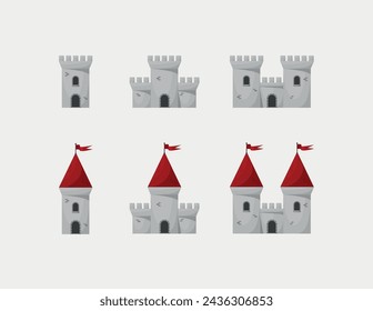 Medieval vector castles icon set. Cartoon fairy tale castle tower icon