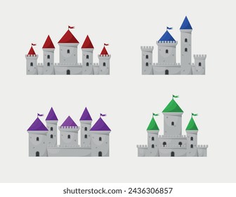 Medieval vector castles icon set. Cartoon fairy tale castle tower icon