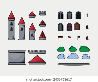 Medieval vector castles icon set. Cartoon fairy tale castle tower icon