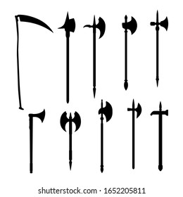 Medieval vector weapons set: battleaxe dark silhouette isolated on white background.