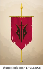 Medieval Vertical Banner with Abstract Logo. Wall Hangings Flag. Torn Pennant for Game with Easy Replaceable Emblem. Vector Mockup