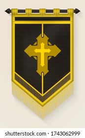 Medieval Vertical Banner with Christian Cross. Wall Hangings Flag. Pennant  for Game with Easy Replaceable Emblem. Vector Mockup