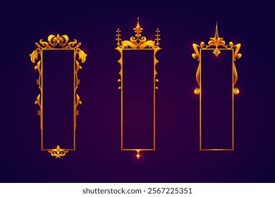 Medieval vertical game frames collection - golden ornamental borders with royal design with elegant swirls, floral patterns, decorative spires . Luxury interface elements for fantasy RPG titles.