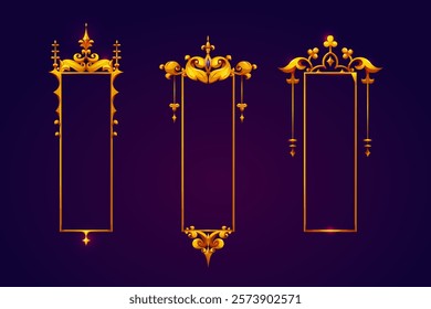 Medieval vertical game frames collection - golden ornamental borders with royal design with elegant swirls, floral patterns, decorative spires . Luxury interface elements for fantasy RPG titles.