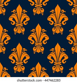 Medieval victorian heraldic seamless background with orange fleur-de-lis floral pattern decorated by figured leaves over navy background. Use as upholstery fabric or vintage interior design