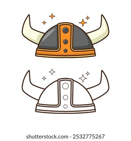 Medieval viking helmets with horns. Norseman protective headdress of medieval northerner warrior. coloring page