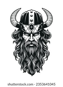 Medieval viking warrior with long hair and beard. Weared in horned helmet. Looking straight and hard. Muscular and brutal symbol of power. Black and white detailed vector art isolated on white.