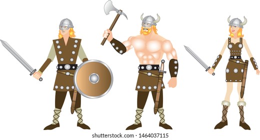 Medieval Viking Warrior Set And Beautiful Viking Lady Warrior in armor - Vector