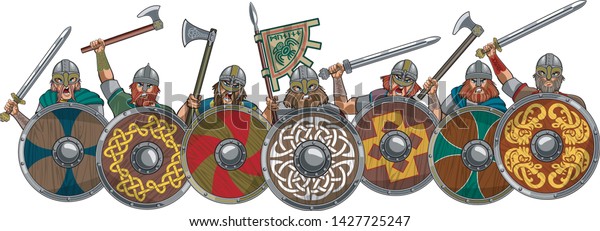 Medieval viking warrior\
shield wall\
