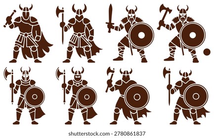 Medieval Viking Warrior Vector Set with Shield Sword Axe and Helmet Silhouettes