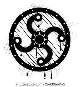 Medieval viking wooden shield graffiti with black spray paint