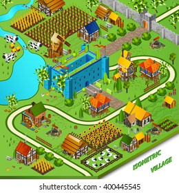 Medieval village and castle background with mill well and houses isometric vector illustration 