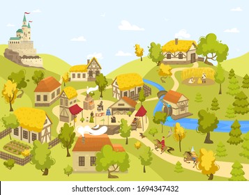 Medieval village with castle, half timbered houses and people on market square, vector illustration. Blacksmith artisan, Medieval peasant and horseman cartoon character in Middle Ages town countryside