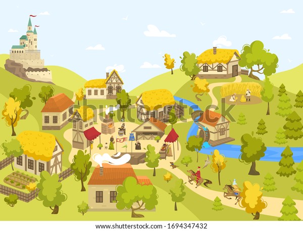 中世の城と村 中間の建物と市場の広場の人々 ベクターイラスト 鍛冶職人 中世農夫 中世農夫の漫画のキャラクター 町側 のベクター画像素材 ロイヤリティ フリー