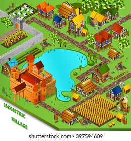  Medieval village with castle houses cattle and fields isometric vector illustration 