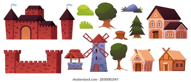Medieval village elements collection vector flat illustrations set. Fortress castle, mansion building. Cartoon windmill, water well and houses. Vintage stone palace chateau with castle tower
