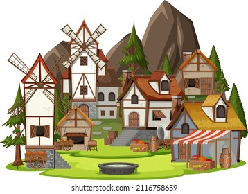 Medieval village with hills background illustration