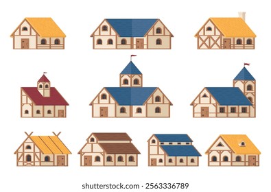 Medieval village house exterior build structure set isometric vector illustration. Suburb traditional vintage construction two and one story home exterior with flag window and door entrance