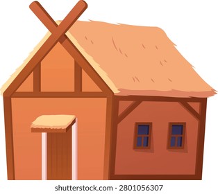 Medieval village house vector flat illustration. Cartoon old ancient building isolated. Vintage wooden mansion with straw hay on the roof. Stone block with timbered decoration retro facade exterior