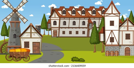 Medieval village scene background illustration