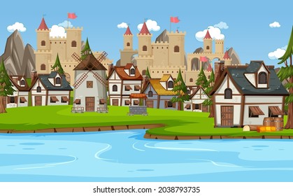 Medieval Village Scene With Castle Background Illustration