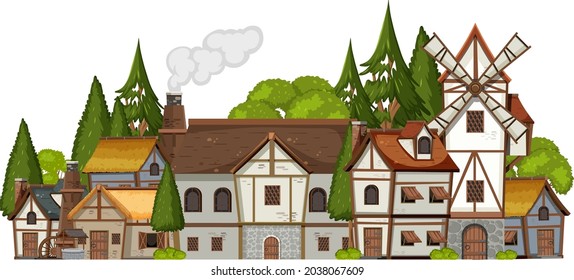 Medieval village scene on white background illustration