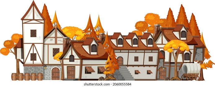 Medieval village scene on white background illustration