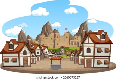 Medieval village scene on white background illustration