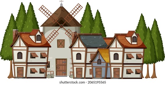 Medieval village scene on white background illustration