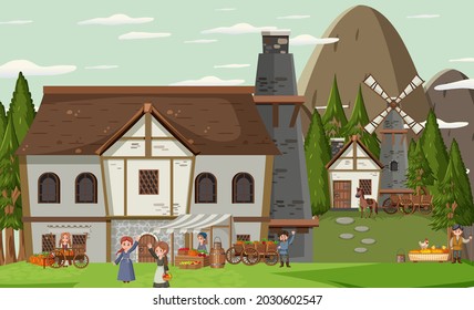 Medieval village scene with villagers illustration