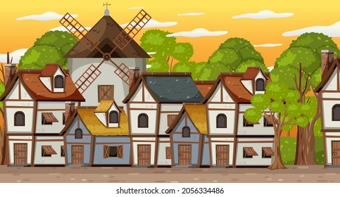 Medieval village scene with windmill and houses illustration