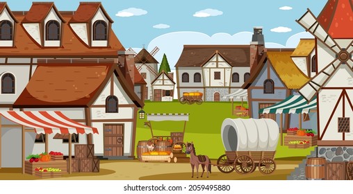 Medieval village scene with windmill and houses illustration