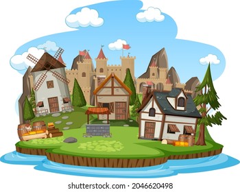 Medieval village with villagers on white background illustration