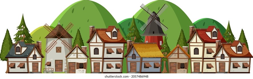 Medieval village with villagers on white background illustration