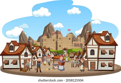 Medieval village with villagers on white background illustration