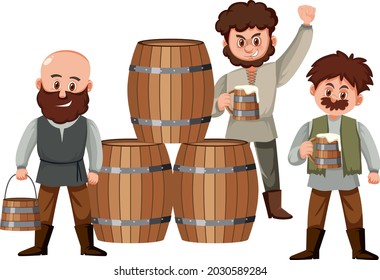 Los aldeanos medievales beben cerveza con barriles de madera ilustración