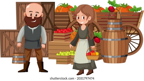 Medieval villagers at fruit store illustration